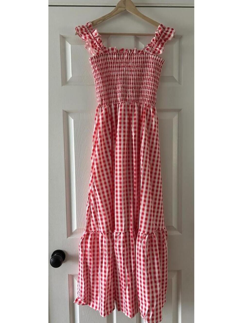 Gingham Smocked Maxi Dress Ruffle Strap Red/Pink/White Square Neck Sleeveless M